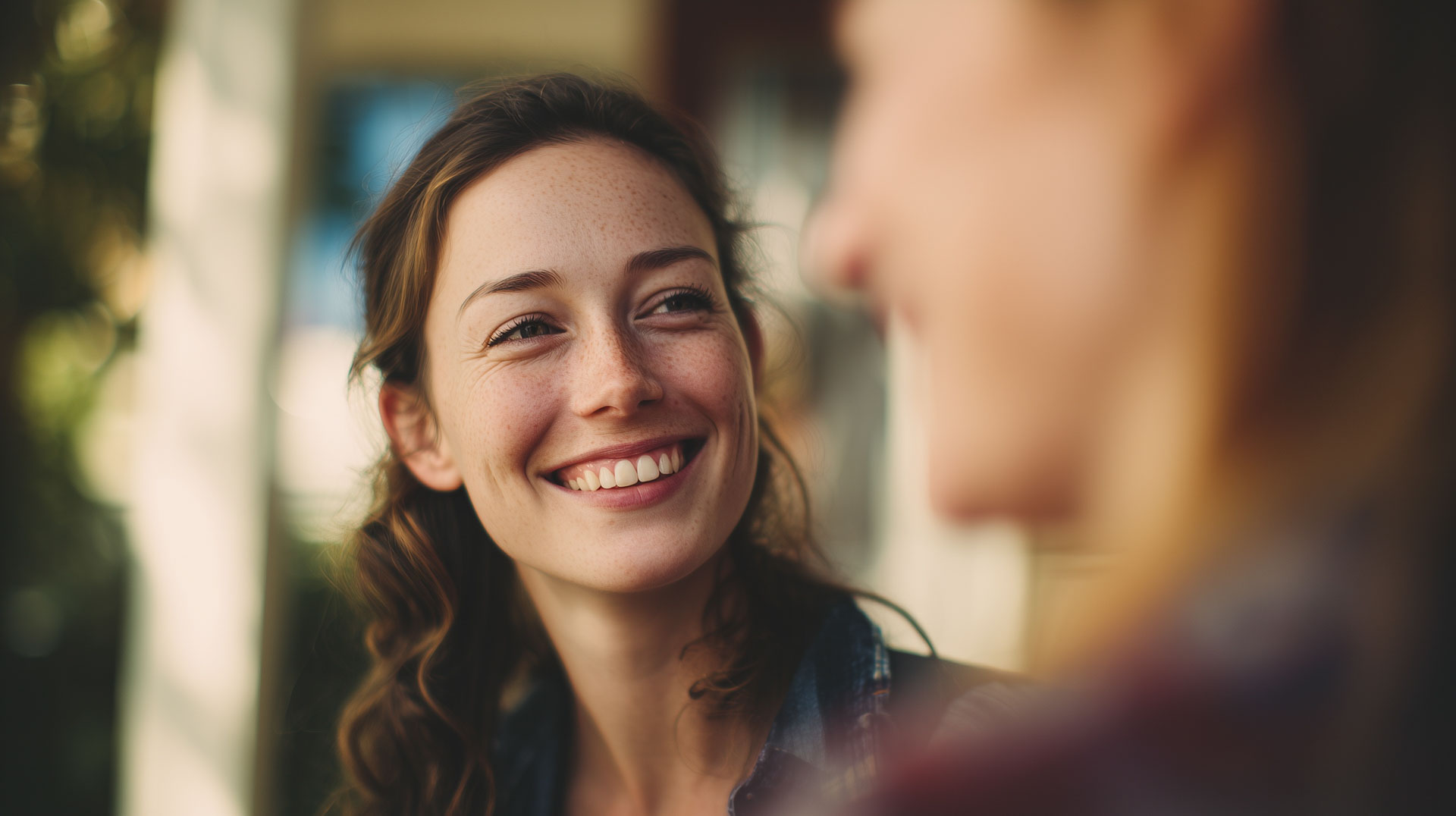 A woman smiles as she talks to her friend outsite on a sunny day