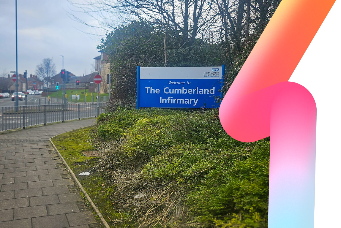 A photograph of the welcome sign of Cumberland Infirmary, Carlisle, Cumbria.